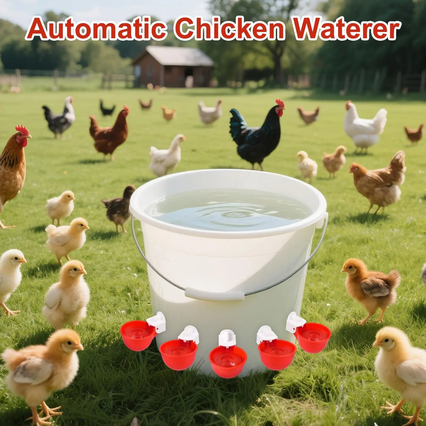 Chicken Waterer Cups, 6 Pack Red Automatics Chicken Waterer, Professional Poultry Cups Suitable for Chicks, Duck, Goose, Turkey and Bunny Various Poultry, Compatible with Various Containers