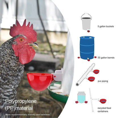 Chicken Waterer Cups, 6 Pack Red Automatics Chicken Waterer, Professional Poultry Cups Suitable for Chicks, Duck, Goose, Turkey and Bunny Various Poultry, Compatible with Various Containers