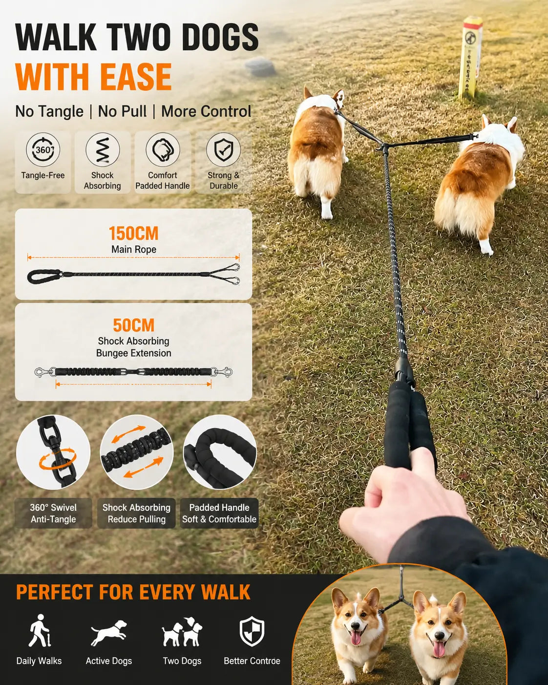 Kigifuture Dual Dog Leash, Double Dog Leash, 360 Swivel No Tangle Walking Leash, Shock Absorbing Bungee for Two Dogs