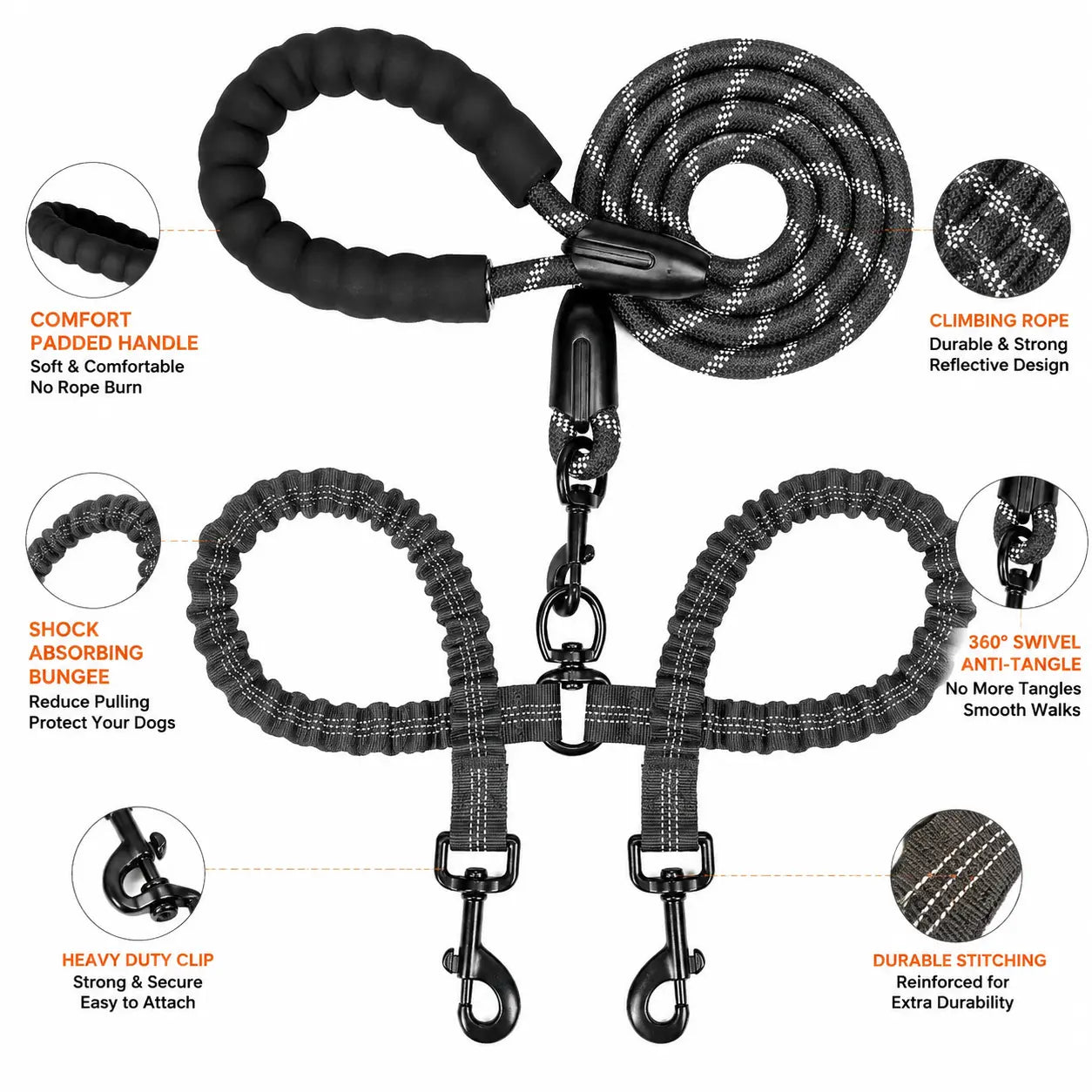 Kigifuture Dual Dog Leash, Double Dog Leash, 360 Swivel No Tangle Walking Leash, Shock Absorbing Bungee for Two Dogs